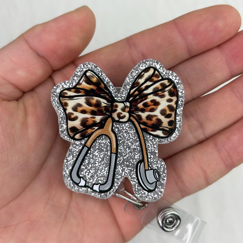 Bydevia Funny Stethoscope Leopard Bow Badge Reel Retractable for Nurse Nursing RN CNA LPN & Medical Assistant, Glitter Cheetah Print Bow ID Badge Holder with Alligator Clip & 24” Durable Nylon Cord | Acrylic - Image 3